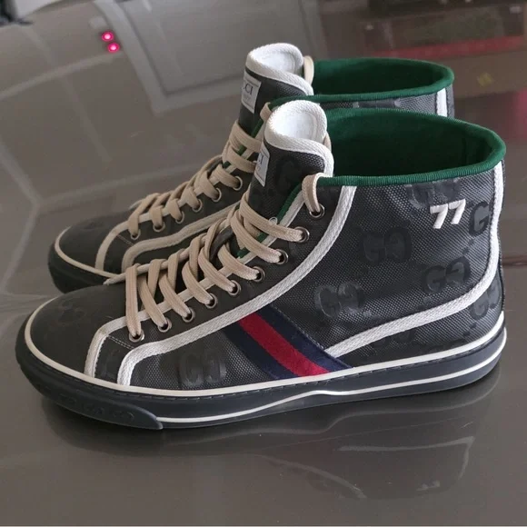 Gucci Tennis 1977 High Top Sneakers Black White Logo Canvas EU 43 Lace Up